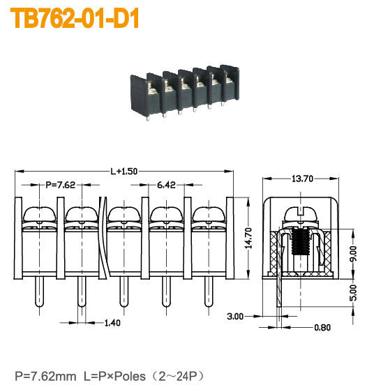 PBT-Barrière Eindblok 7.62mm de Eindschakelaar van PCB van het Hoogte15a 2-24 Polen Messing
