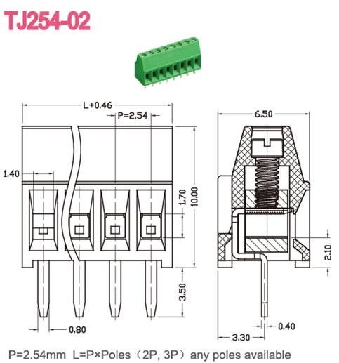 2.54mm van het het Eindblokmessing van PCB de Groene Inham van de de Rechte hoekdraad