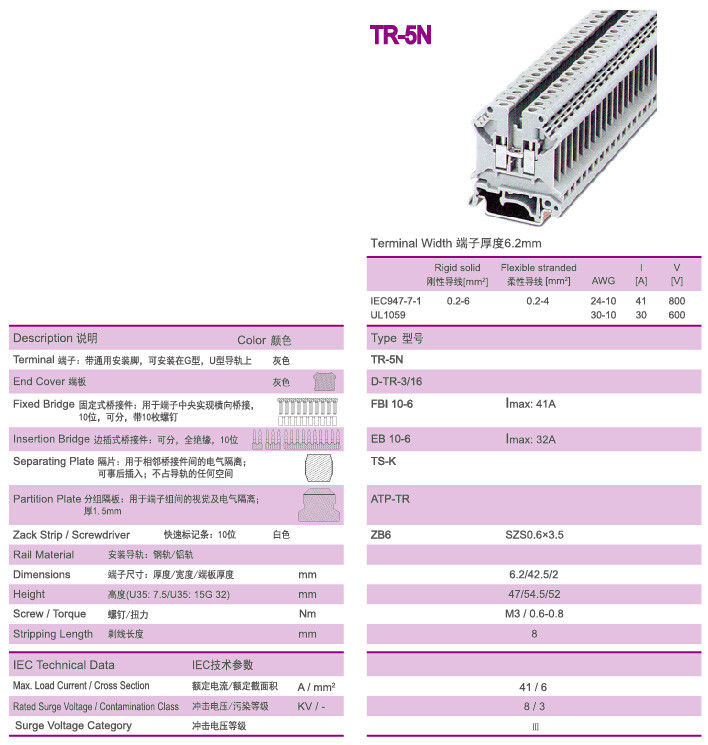 Grey Width 6.2mm Op rails gemonteerde Eindblokken600v 30A AWG 30-10