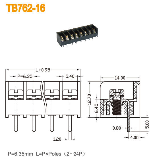 PBT-Barrière Eindblok 6.35mm Hoogte300v 15A Messing UL94 V0