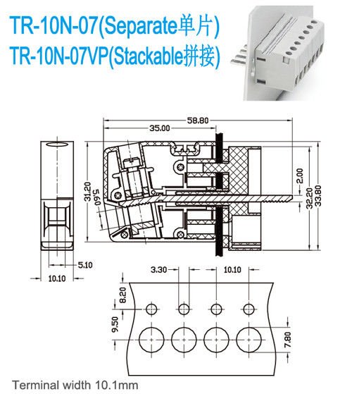 300V 65A Voer door Eindblokkenul94-v0 Messing M4 PA66 10.1mm Eindbreedte