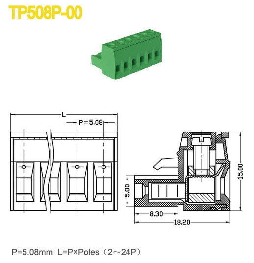 300V / 18A vrouwelijke de Schroefhoogte 5.08mm van M3 van Delen Elektro Eindblokken