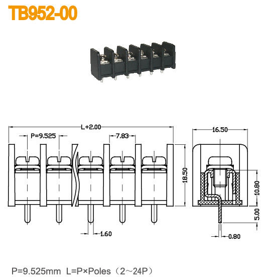 De uit elkaar plaatsende 9.52mm Inham van de de Rechte hoekdraad van Barrière Eindblok 300V 20A 2-24 Polen