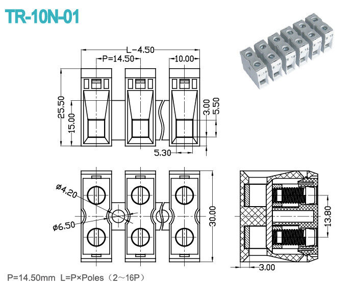 2-16 Polen werpen 14.5mm Eindschakelaarblok 600V 65A PA66