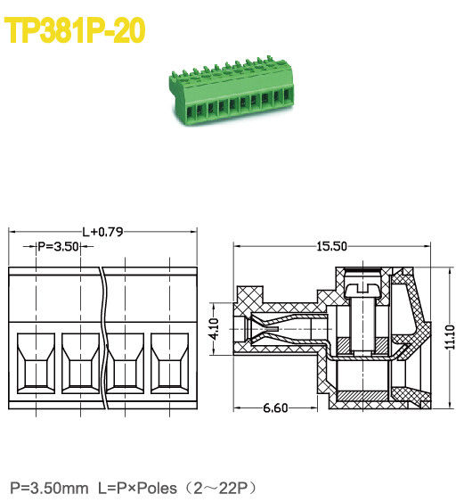 PA66 vrouwelijke inplugbare klemmenblokconnector 3,5 mm pitch 300V 8A 2-22 polen