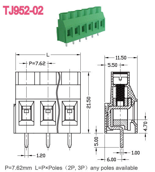 Messingspcb schroeven Eindblok 7.62mm de Klasse van Hoogtem3 300V 30A PA66 UL94-V0