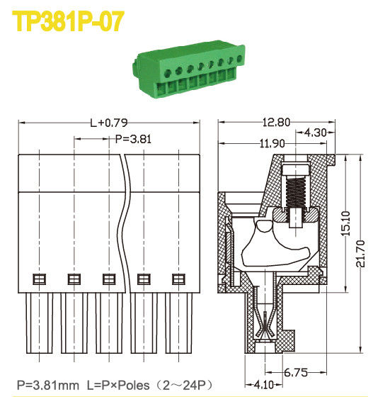 3.81mm Pitch Plug In Terminal Block Vrouwelijke onderdelen 300V 10A Groen