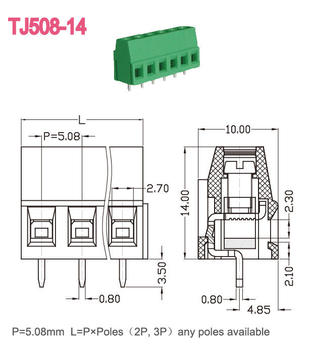 Groene kleur 5,08 mm pitch PCB-schroefklemmenblok 300V 10A M3 2-24 polen