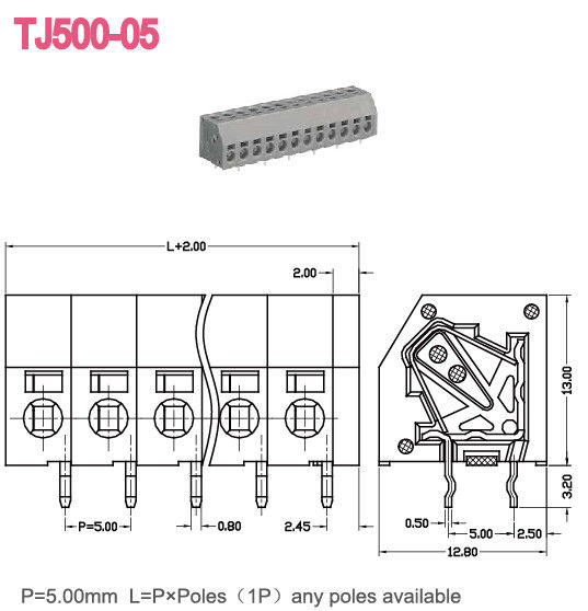 Hoogte 5.0mm Eindblok300v 10A 2-24 Polen 16-26 AWG van de Lentescrewless