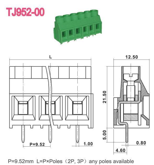 De groene Kleur M3 schroeft 9.52mm het Eindblok 300V 30A 2-16 Polen van PCB