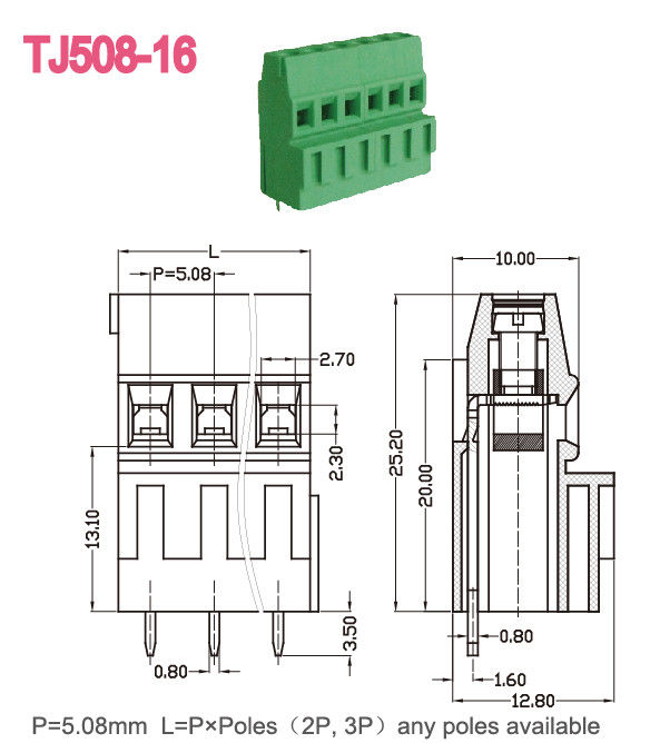 De groene Eindblokschakelaar 300V/10A M3 schroeft 67mm het Ontdoen van Lengte 12-26AWG