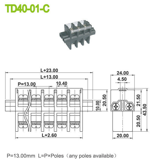 40A Paneelmontage Power Terminal Block Connector Perforatie Pitch 13mm Messing PBT