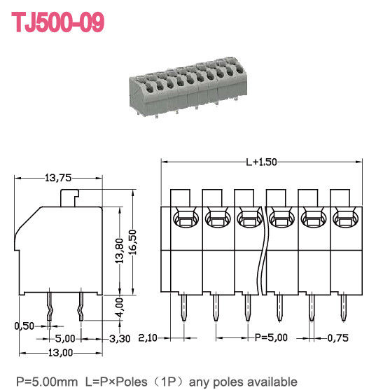 Hoogte 5.0mm het Messing 300V/10A Screwless PA66 van de Lente Eindblok 2-24 Polen