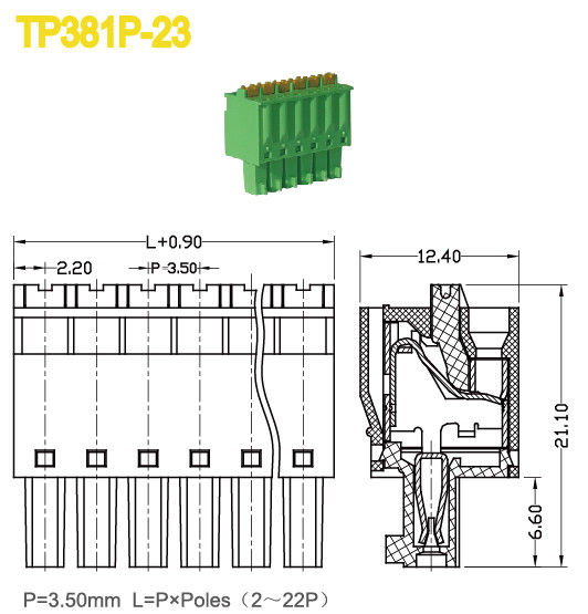 groen tussenruimte 3,5 mm inplugbaar aansluitblok vrouwtje 2-22 posities 300V 8A UL94-V0