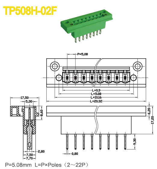 Groene Mannelijke Kopbalstop in Eindblok met Flens 5.08mm 18A-Contactdozen PA66 2-22 Polen