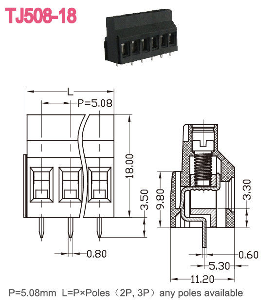 Zwarte PCB schroeven de Euro van het Eindblokmessing Opheffend AWG 12-24 van de Typereeks 300V 10A