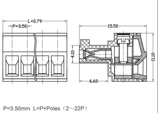 Vrouwelijke Pluggable Eindblokschakelaar 3.5mm Hoogte 300V 8A 2-22 Polen PA66