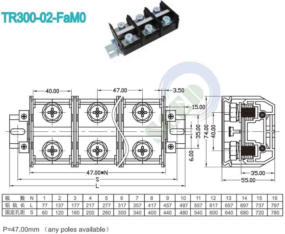 PCB Panel Mount Terminal Block 47.00mm 600V 300A PC Zwarte schroef terminal connector