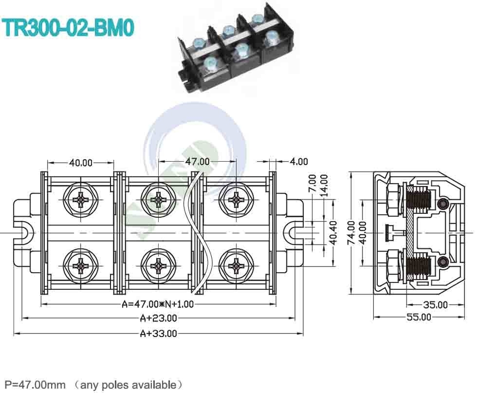 300A Spoorterminalblok 47,0mm 600V Zwart PC-materiaal Schroefverbinding