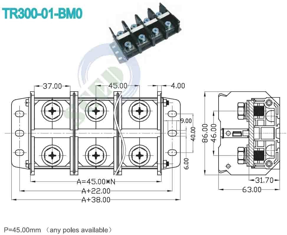 600V 300A Hoge stroom terminal blok Zware spanning 45.00mm Elektrische terminal aansluiting
