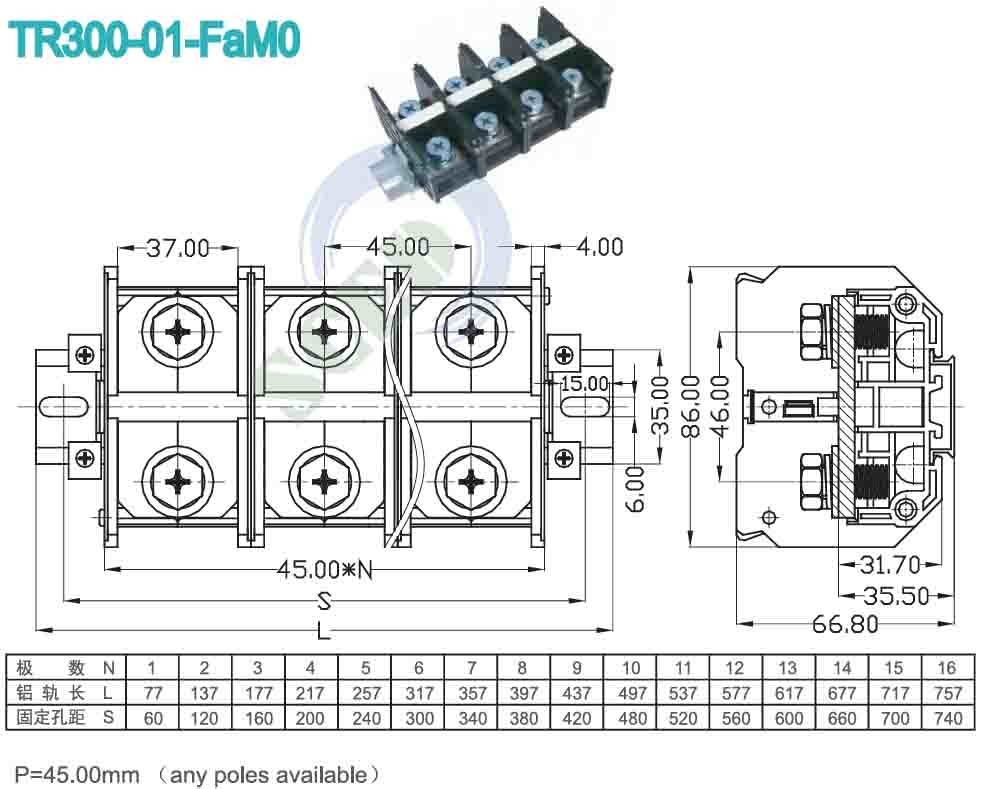 45,00 mm pitchpaneel Hoge stroom PC-aansluitblok 4P Zwarte stroomschroefconnector
