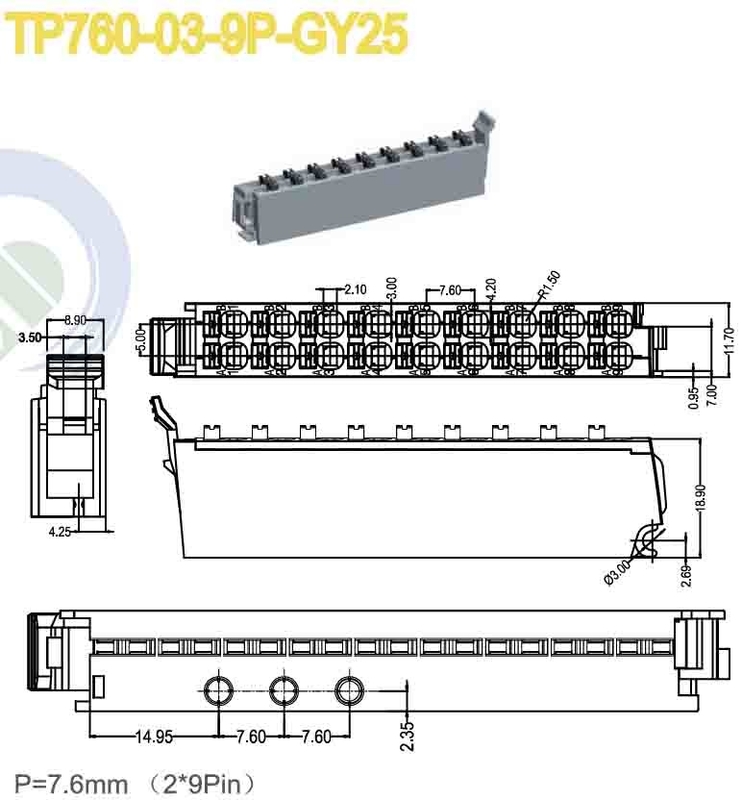 Vrouwelijke aansluitbare terminal blok aansluiting 7,6 mm pitch 150V 8A 2 * 9 polen PA66