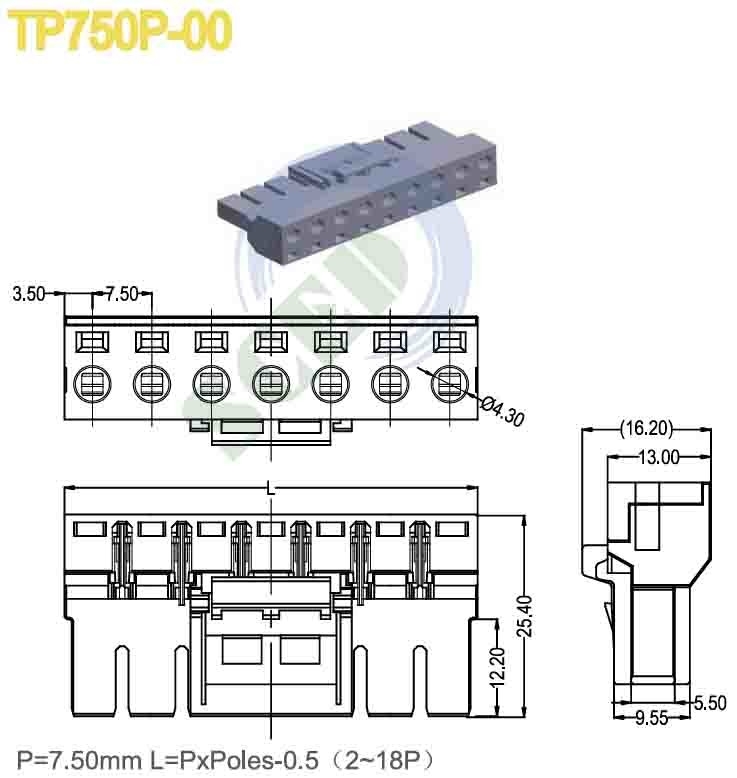 PA66 Plastic Grey Pluggable Terminal Block Connector 7.5mm Pitch 300V 16A 2-18 polen