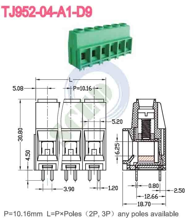 10.16mm 57A PCB terminal blok groen Messing PA66 Nickel