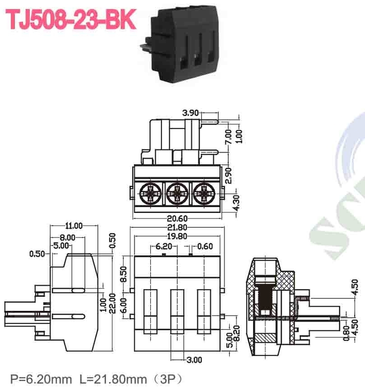 300V 10A M3 schroef terminal blok connector 12 24 AWG PBT 6.2mm Spacing Brass