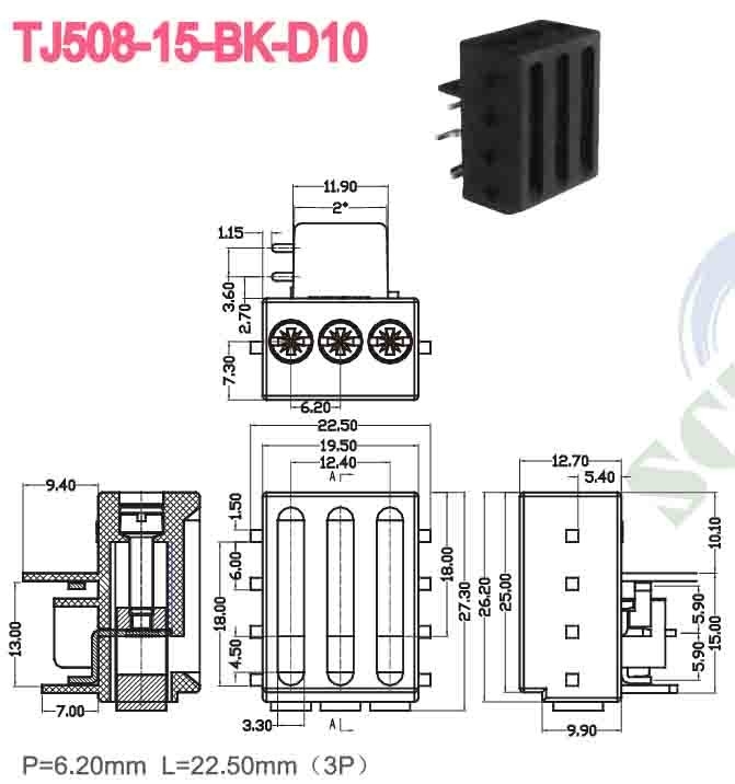 300V 15A 6,2 mm terminal blok connector voor PCB met M3 schroef en tin geplatte