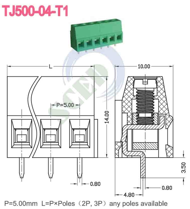 300V 10A M3 Schroef 12-26 AWG Terminal Block Connector PA66 Isolatiemateriaal Groen 5.08mm Afstand