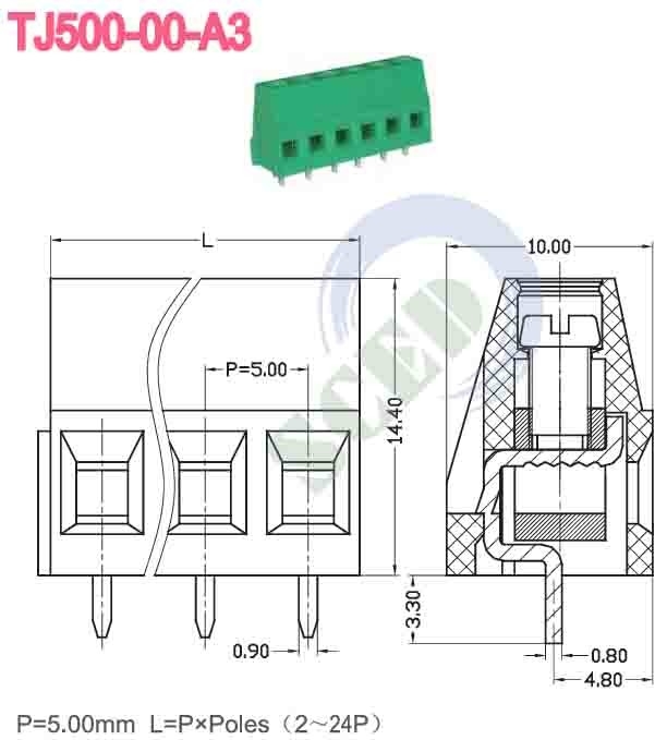 Pitch 5.00mm 300v PCB terminal blok 10A 2P-24P rechthoek draad inlaat 12-26 AWG
