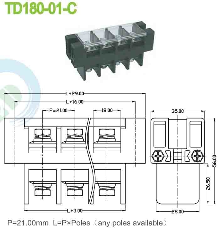 21.00mm PBT-voeding door 180A-paneelmontage perforatieterminaalblok met plastic deksel