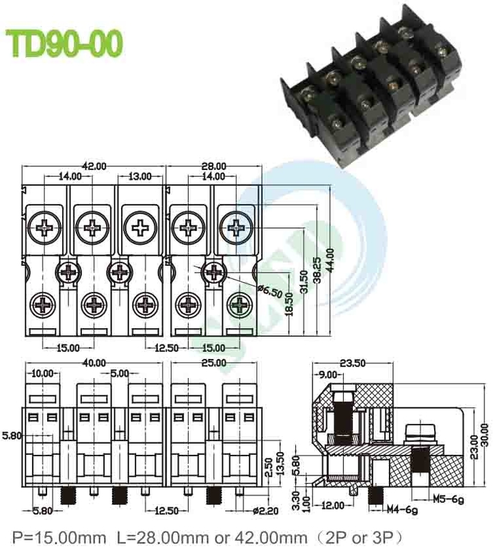 Voeding door 90A 600V PA66 M5 Perforatieterminaalblok 15.00mm 4-20 AWG